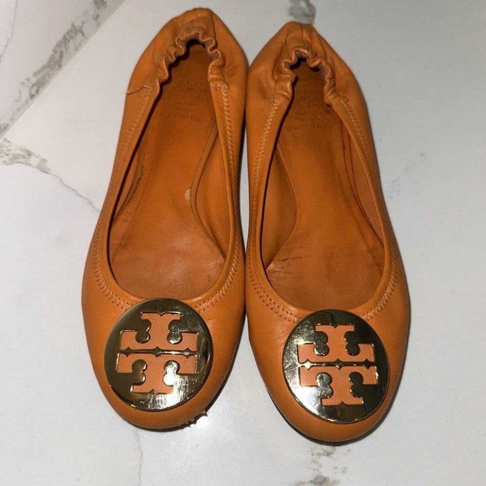 Tory Burch Womens Size 5  Reva Leather Ballet Flats Orange Gold T Logo Buckle - Picture 16 of 16